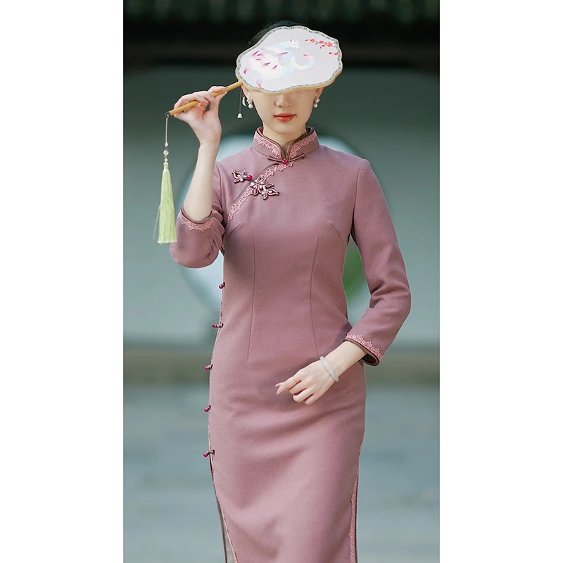 手工旗袍53392 金吴针旗袍气质优雅海派复古修身显瘦七分袖秋冬款