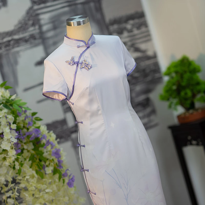 手工旗袍55926 金吴针旗袍全开襟双层气质优雅显瘦中长款日常