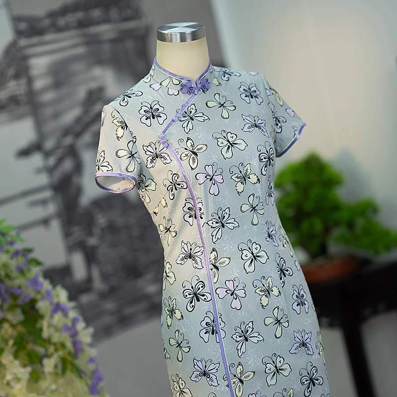 手工旗袍55764 金吴针国风旗袍裙气质复古修身优雅中长款日常春夏