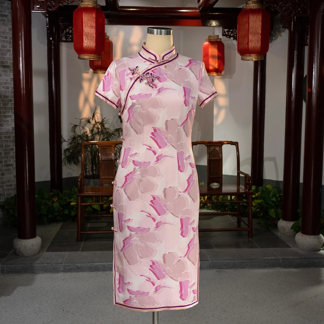 手工旗袍52028A全开襟旗袍少女国风短袖气质优雅修身中长款日常