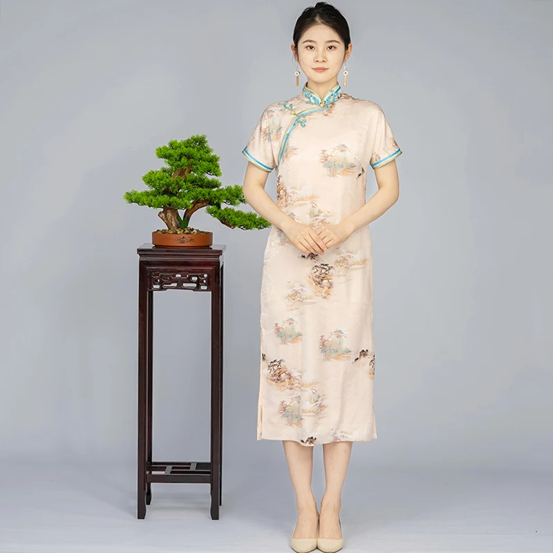 手工旗袍56200-2 【山河赋】金吴针全开襟旗袍气质复古修身中长春季