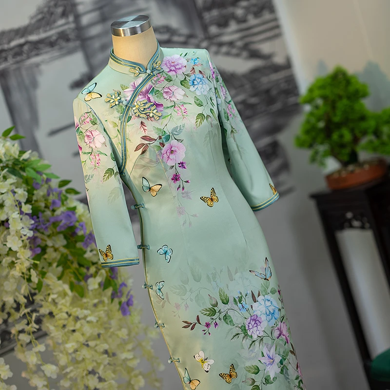 手工旗袍55115 金吴针旗袍全开襟里外同花色气质修身七分袖日常