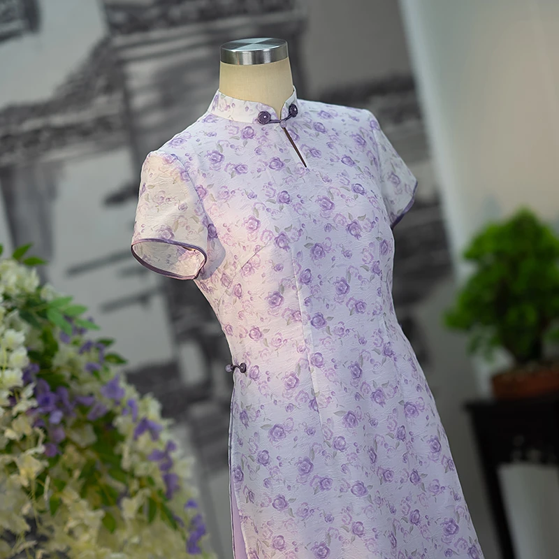 手工旗袍56452 新中式奥黛旗袍改良A版裙气质优雅日常夏季中长款