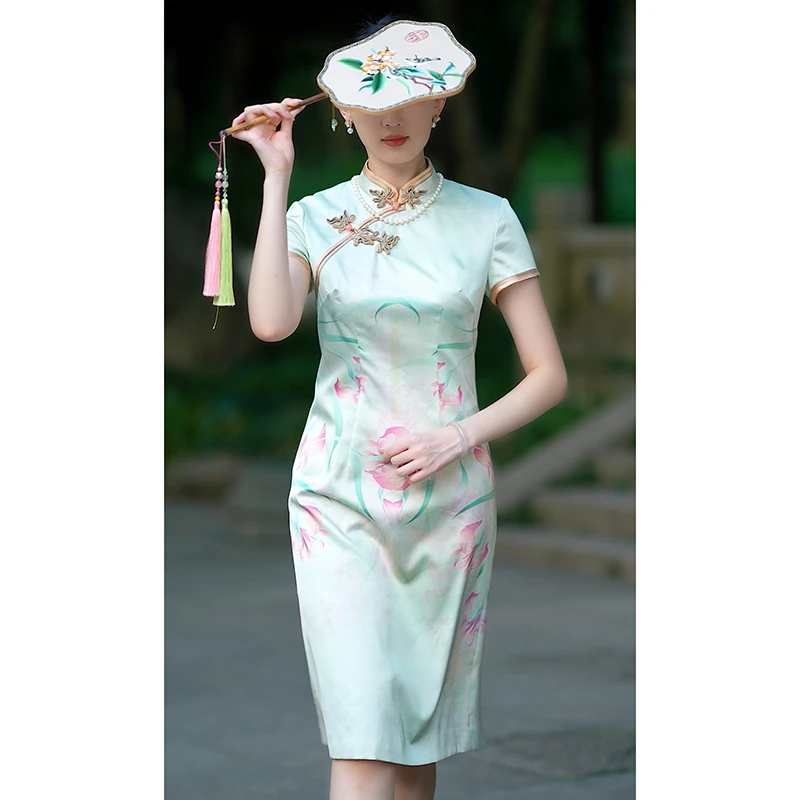 手工旗袍53864 金吴针新中式旗袍改良A字裙气质优雅显瘦日常夏季