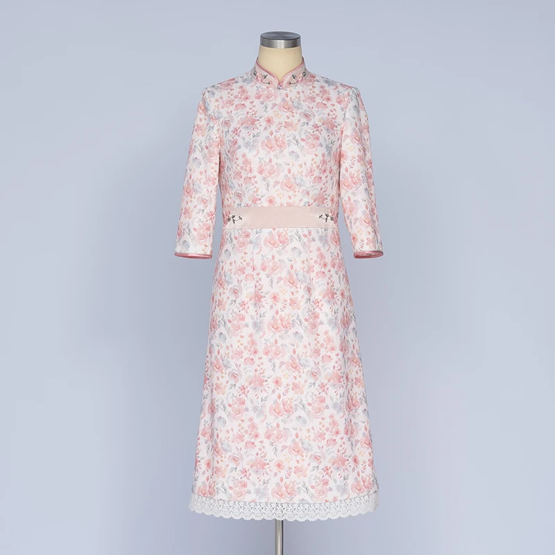 手工旗袍55140 新中式提花刺绣旗袍改良A版裙气质优雅显瘦七分袖