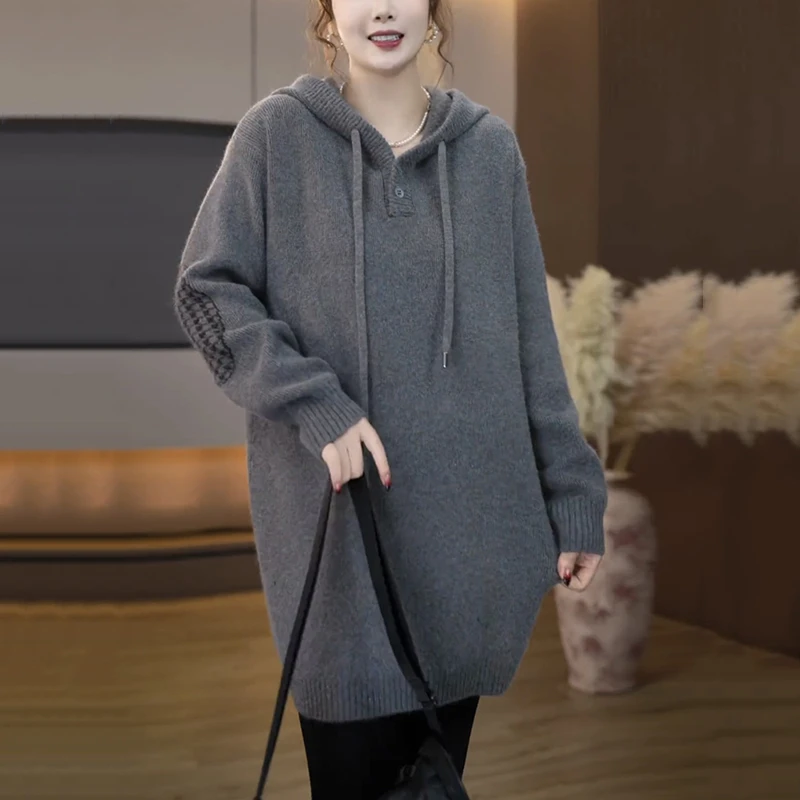 时尚休闲连帽针织衫毛衣女秋季新款宽松显瘦减龄妈妈中长款上衣