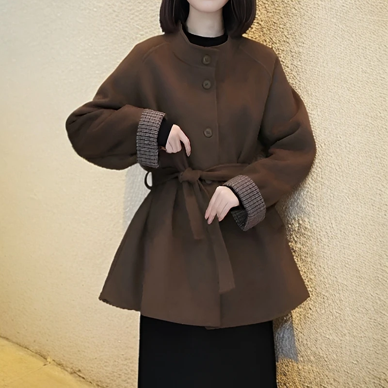 撞色设计感小众毛呢外套女秋冬新款休闲百搭宽松收腰中长呢子大衣