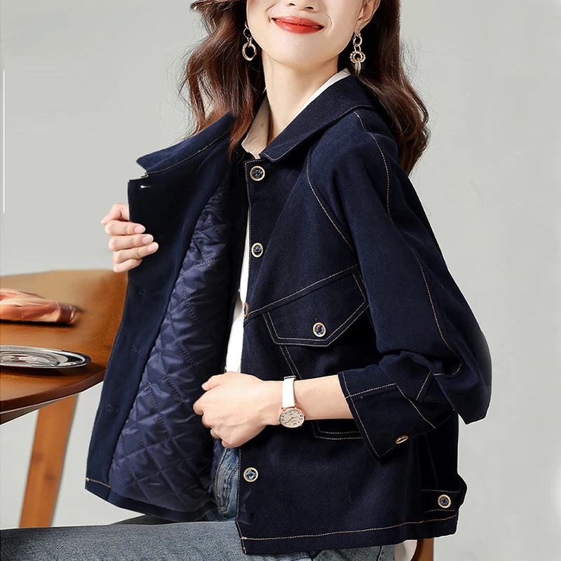 翻领休闲牛仔短外套女春季新款高级感宽松修身百搭单排扣长袖上衣