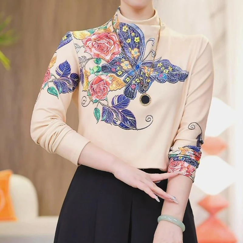 半高领加绒内搭打底衫女士妈妈春季新款双面加绒加厚印花长袖上衣