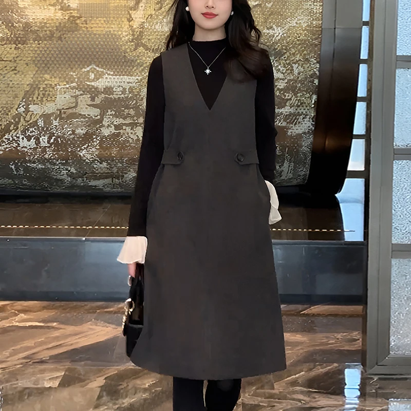 休闲百搭气质V领背心裙女春季新款宽松中长款减龄妈妈背心连衣裙
