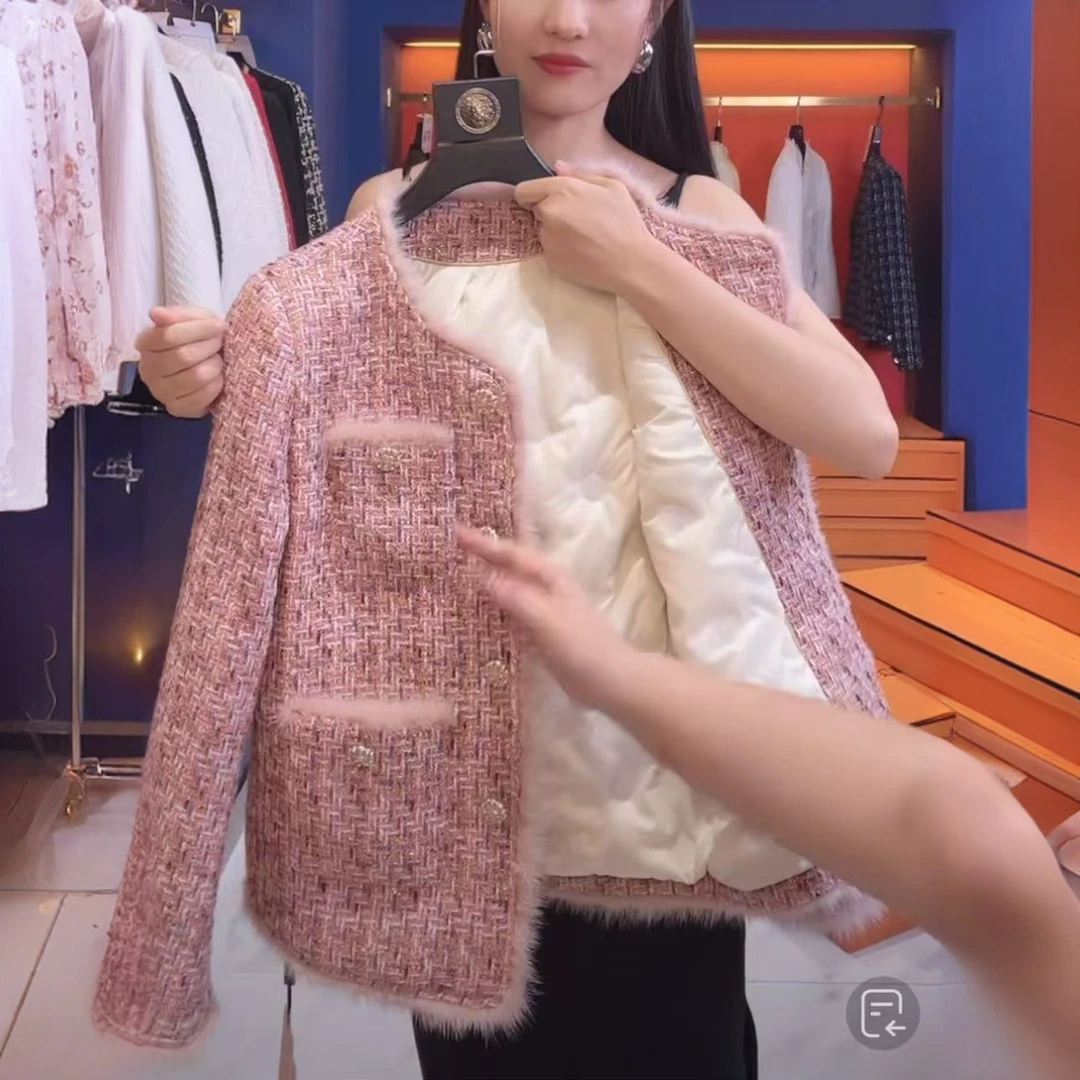 小香风夹棉加厚粉色粗花呢外套女春季新款女士轻奢高级感显瘦上衣