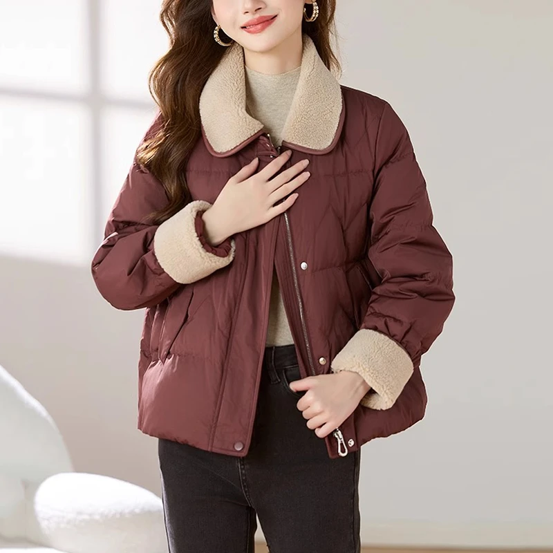 白色羊羔毛翻领棉服女秋冬新款高端洋气减龄妈妈装小个子保暖外套