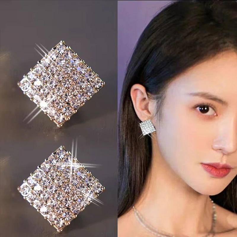 合金仿水晶耳饰 时尚新款方形耳环女韩版简约精致耳钉流行气质