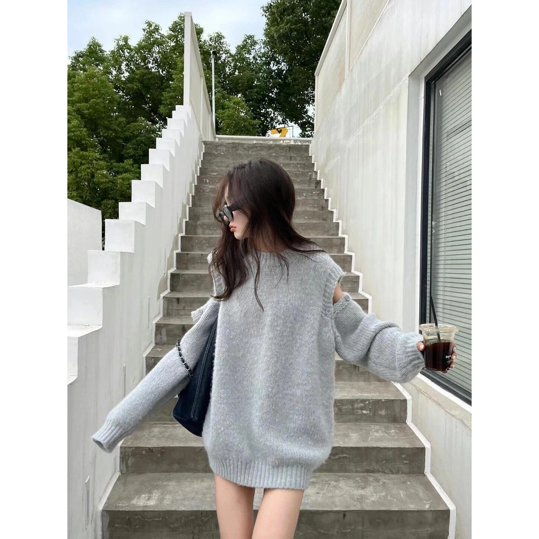 2024新款时髦圆领长袖毛衣中长款宽松显瘦套头慵懒风女秋季上衣潮