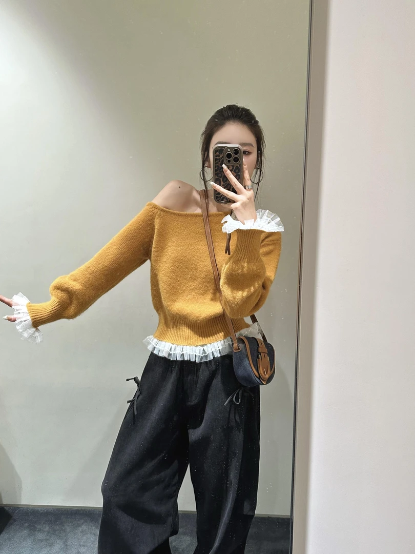 2025秋季新款慵懒风穿搭设计感针织毛衣慵懒风休闲工装黑色阔腿裤
