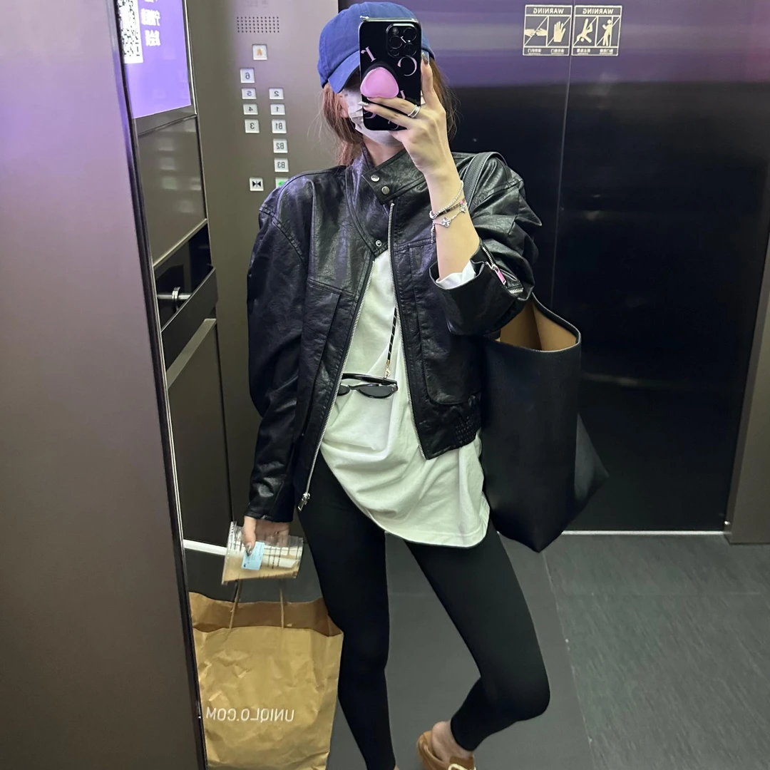 辣妹显瘦打底裤女2025秋冬新款宽松显瘦气质百搭机车皮夹克短上衣