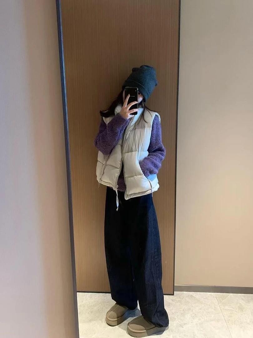 韩系穿搭慵懒风软糯宽松加厚保暖紫色毛衣立领棉服背心复古牛仔裤