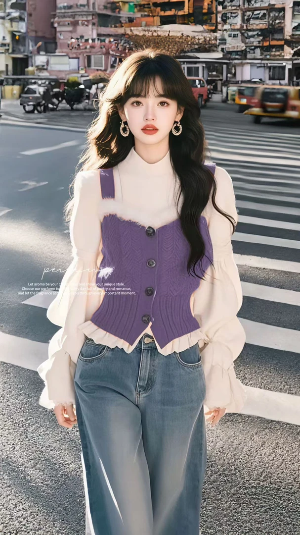 长袖冬季新款高级感气质温柔紫色圣诞假两件衬衫毛毛针织背心上衣