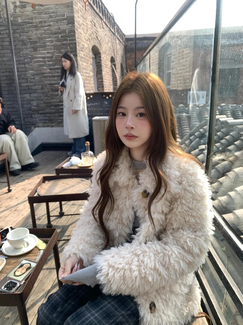 美式美拉德卷卷毛显瘦保暖宽松外套百搭高腰显瘦格子休闲裤套装