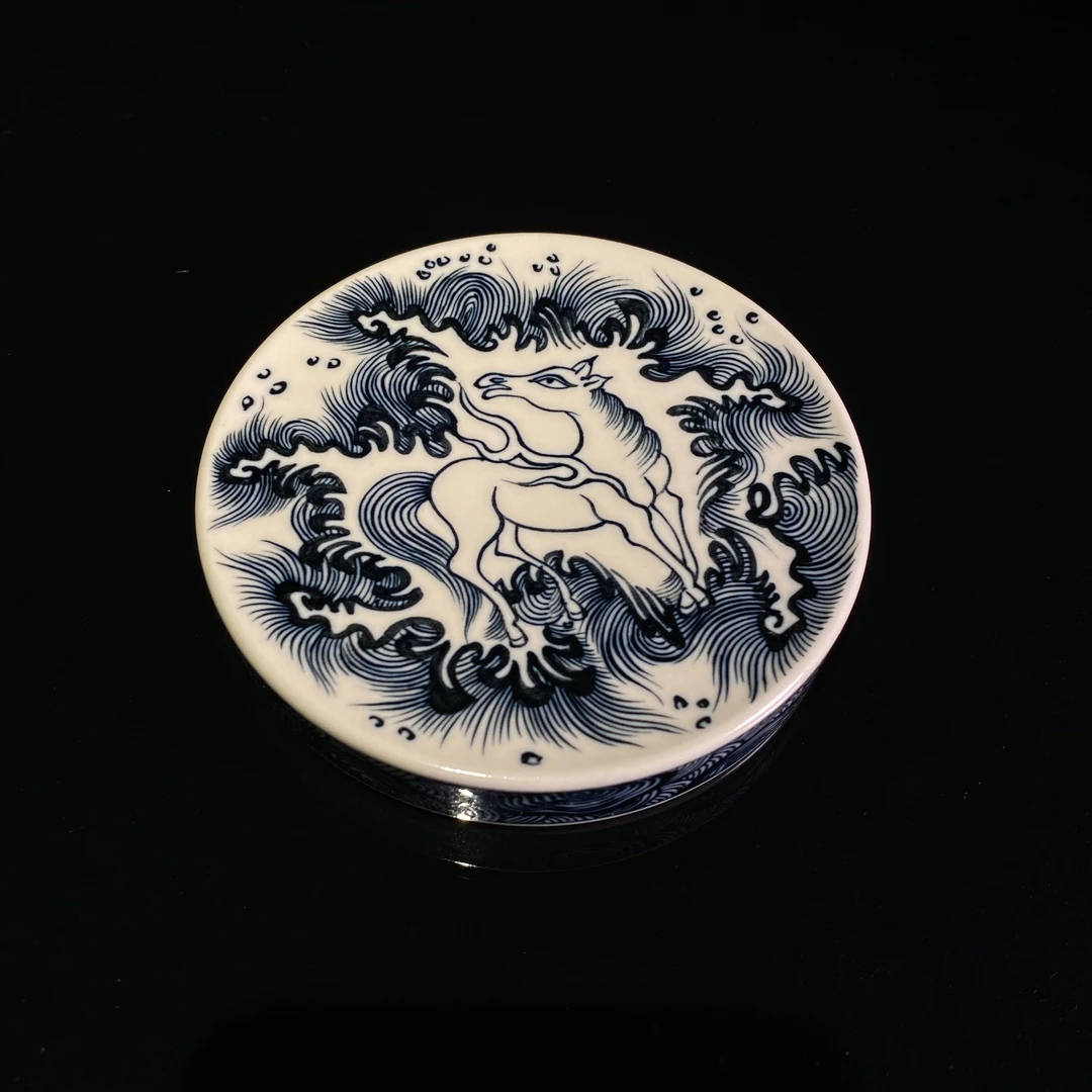 元经秘旨青花二号釉天马纹盖置景德镇手工手绘茶具茶杯陶瓷