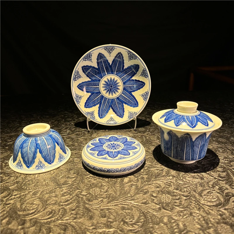 羿器窑 蕉叶纹盖碗/茶杯/盖置/壶承景德镇手绘手工茶具茶器瓷器