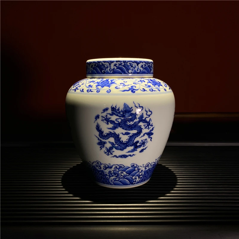 又见春风青花海水五龙纹茶叶罐景德镇纯手工手绘高温瓷茶器茶罐