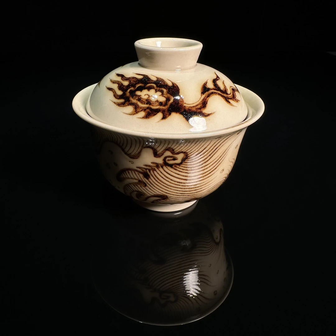 元经秘旨釉里红二号釉过肩龙盖碗景德镇纯手工纯手绘茶具茶器