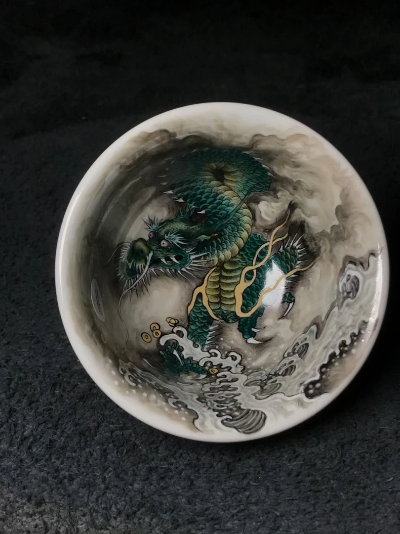 无关风月绿龙压手杯 墨龙杯 纯手工景德镇手工纯手绘茶具主人杯