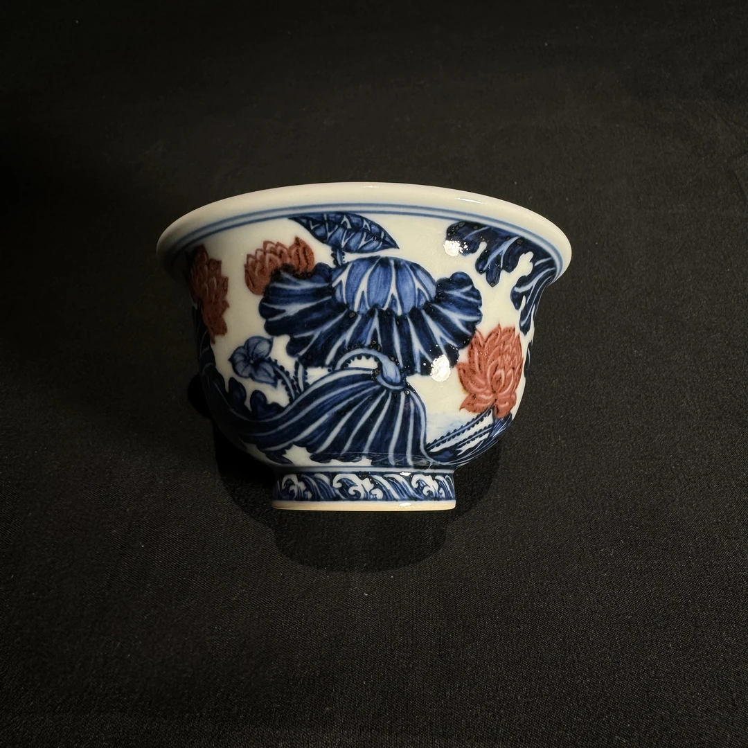 又见春风青花釉里红荷叶压手杯 纯手工景德镇手工手绘茶具主人杯