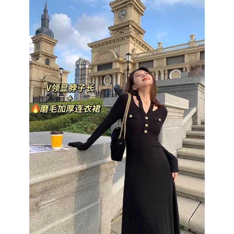Q【现货】11131 胖mm微胖黑色赫本风V领法式气质大码连衣裙