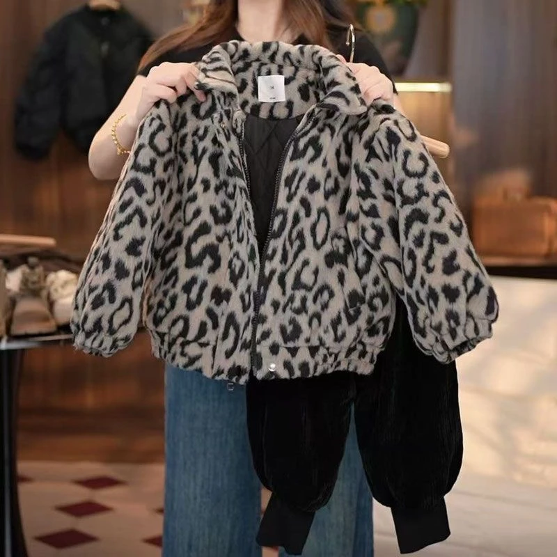 男童冬季棉服2024新款豹纹毛呢韩版时尚夹棉加厚棉服宽松缩脚裤潮