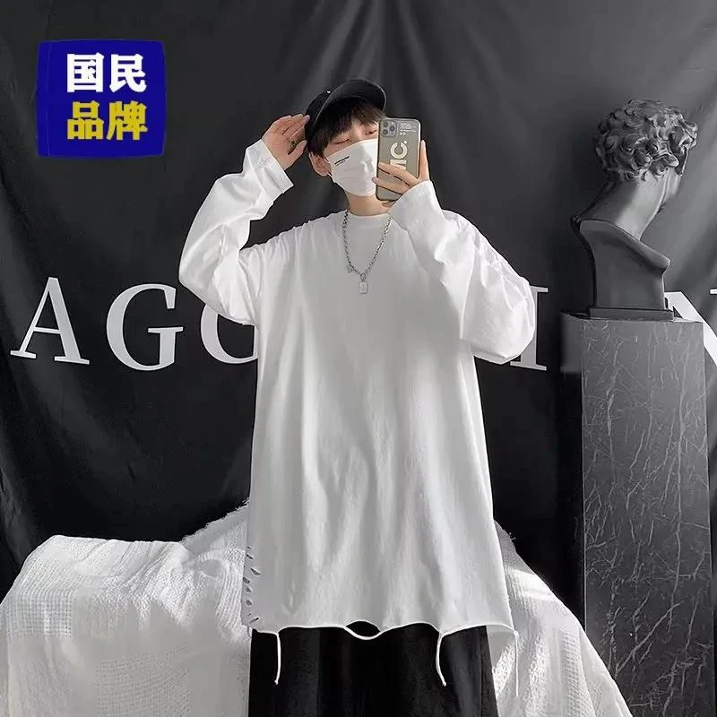 重磅2023美式潮牌下摆初中高中破洞长袖T恤男叠穿内搭棉质打底衫