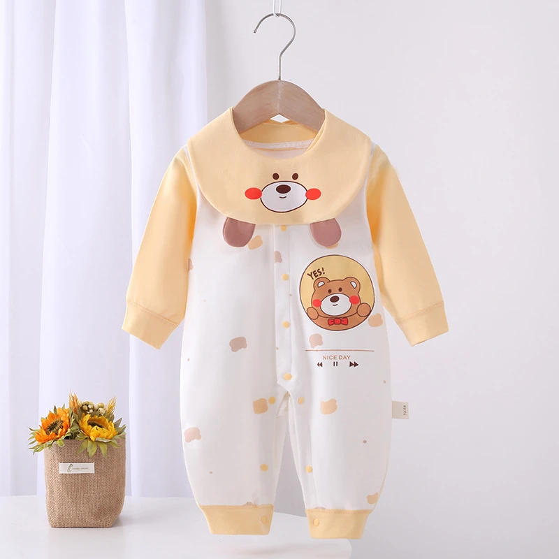 四季新款婴儿卡通无骨带口水巾连体衣新生儿哈衣宝宝爬服