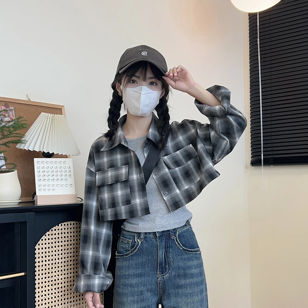 【王家有鱼】小个子定制秋冬上衣两件套短款百搭长袖设计感格纹休闲
