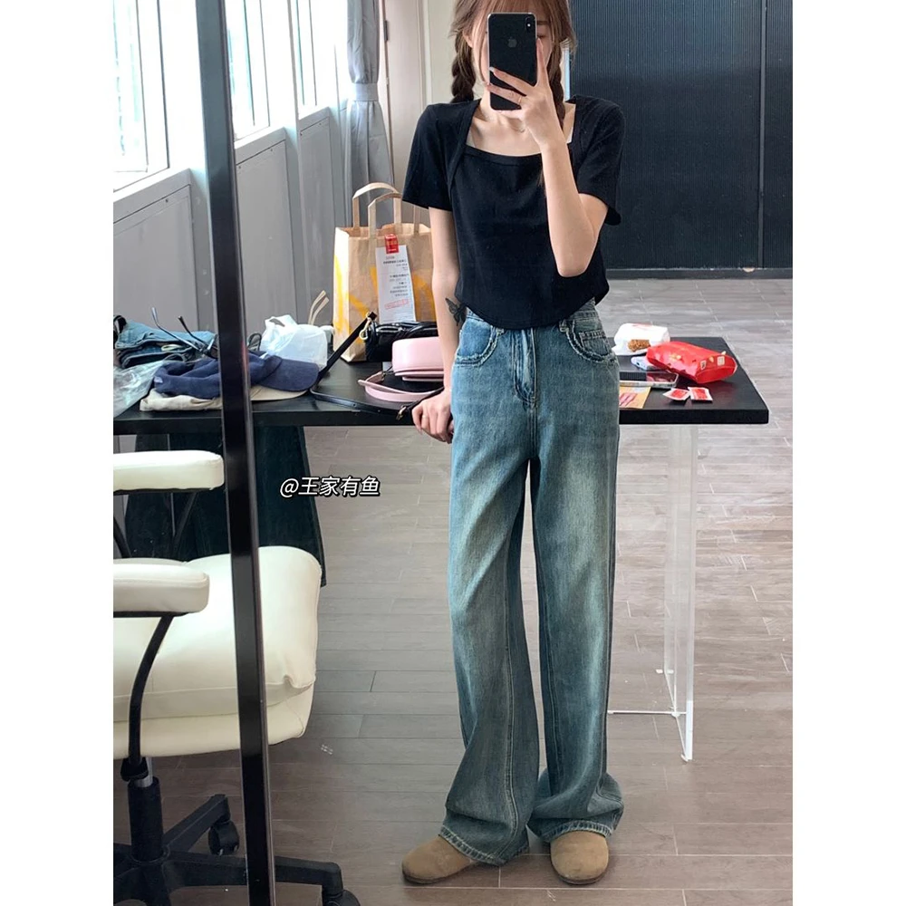 王家有鱼小个子定制高腰窄版阔腿拖地直筒牛仔裤女百搭显瘦62106