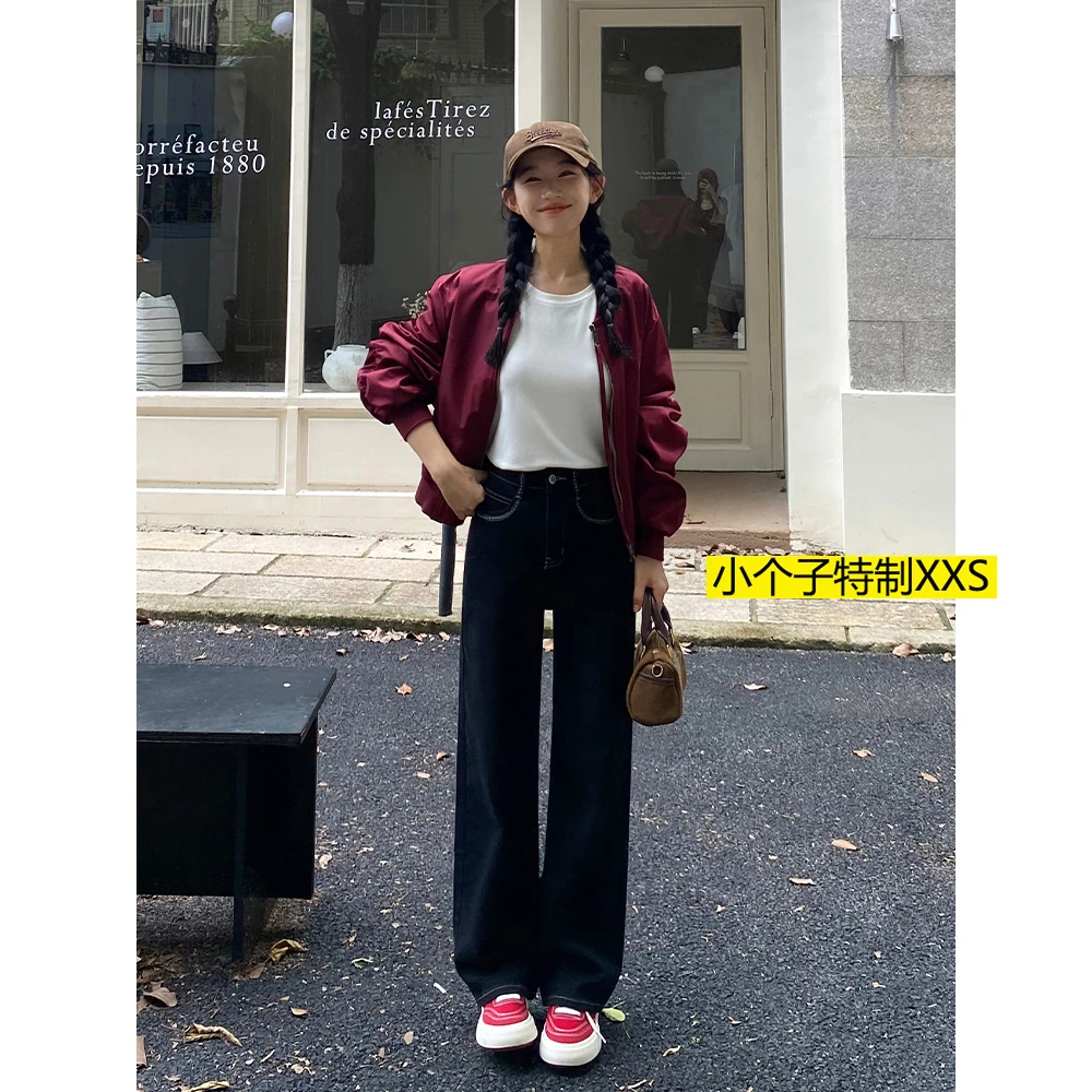 王家有鱼中高腰阔腿裤女生复古宽松植绒高弹显瘦直筒牛仔裤89169