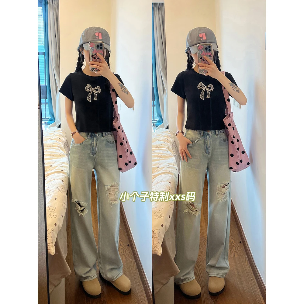 王家有鱼【小个子定制】夏季莱赛尔新款垂感破洞高腰窄版阔腿牛仔裤