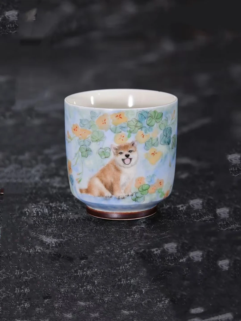 手绘柴烧小狗杯家用陶瓷主人杯手绘