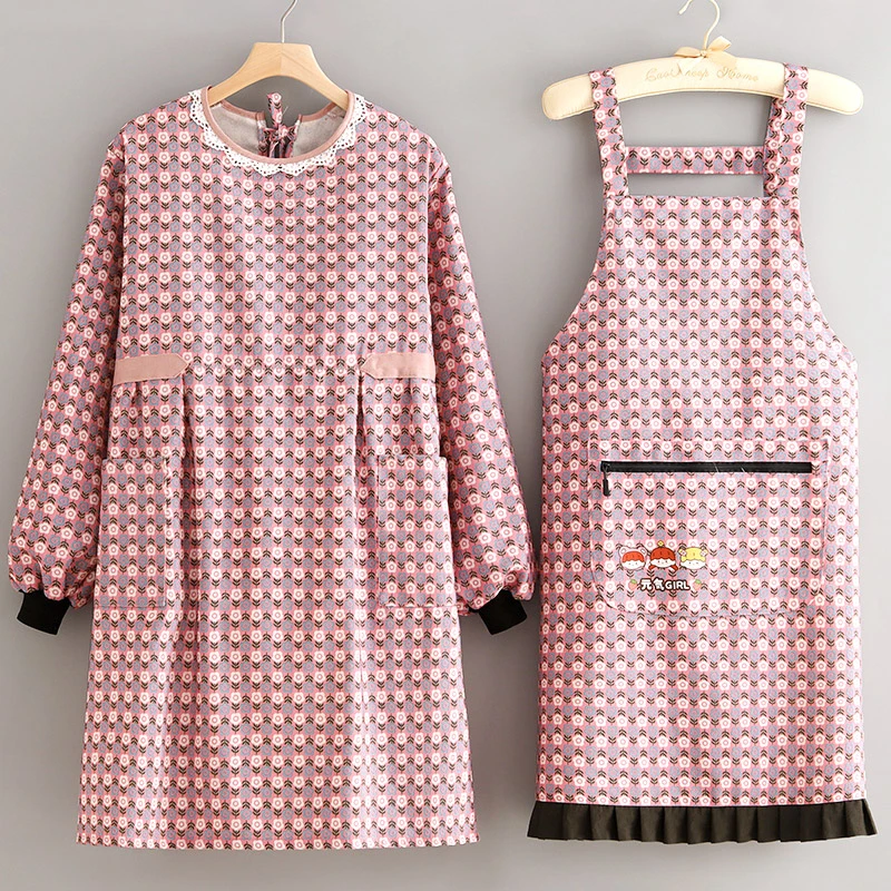 时尚帆布长袖罩衣耐磨围裙厨房家用做饭围腰女餐饮上班工作服成人