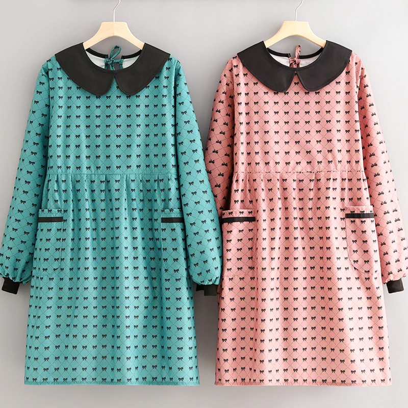 洋气条绒罩衣防污透气围裙厨房家用长袖做饭围腰女餐饮专用工作服