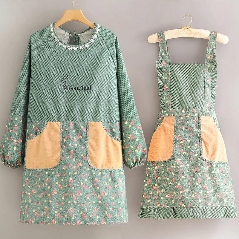 洋气帆布长袖罩衣家用厨房防污围裙耐磨透气上班工作服时尚围腰女