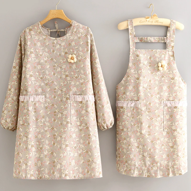 帆布长袖韩版耐磨围裙厨房家用防污罩衣做饭围腰餐饮专用工作服女