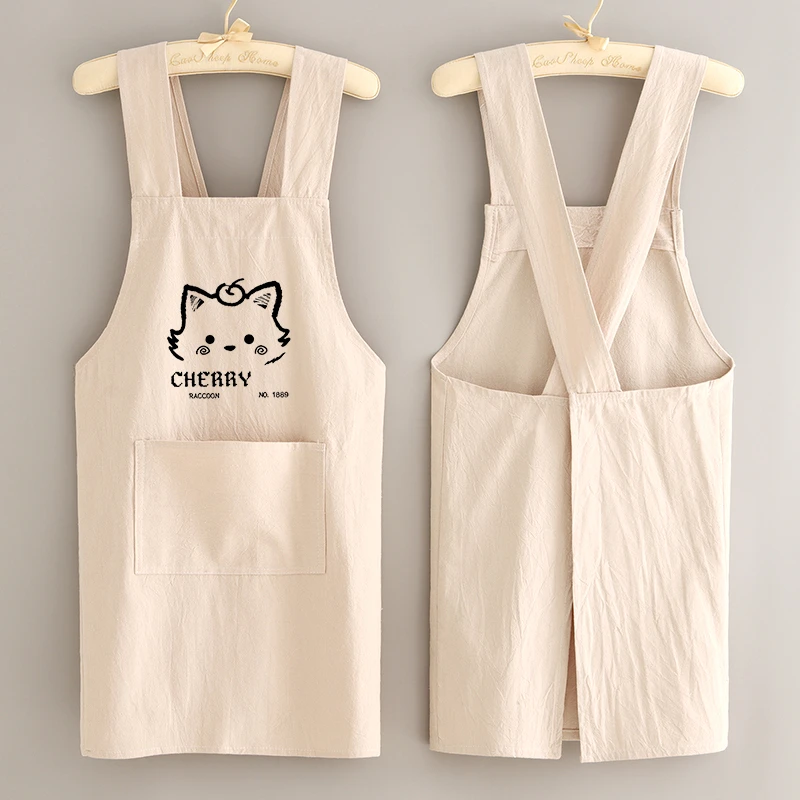 透气棉麻围裙厨房家用做饭防污围腰女夏季薄款可爱工作服定制印字