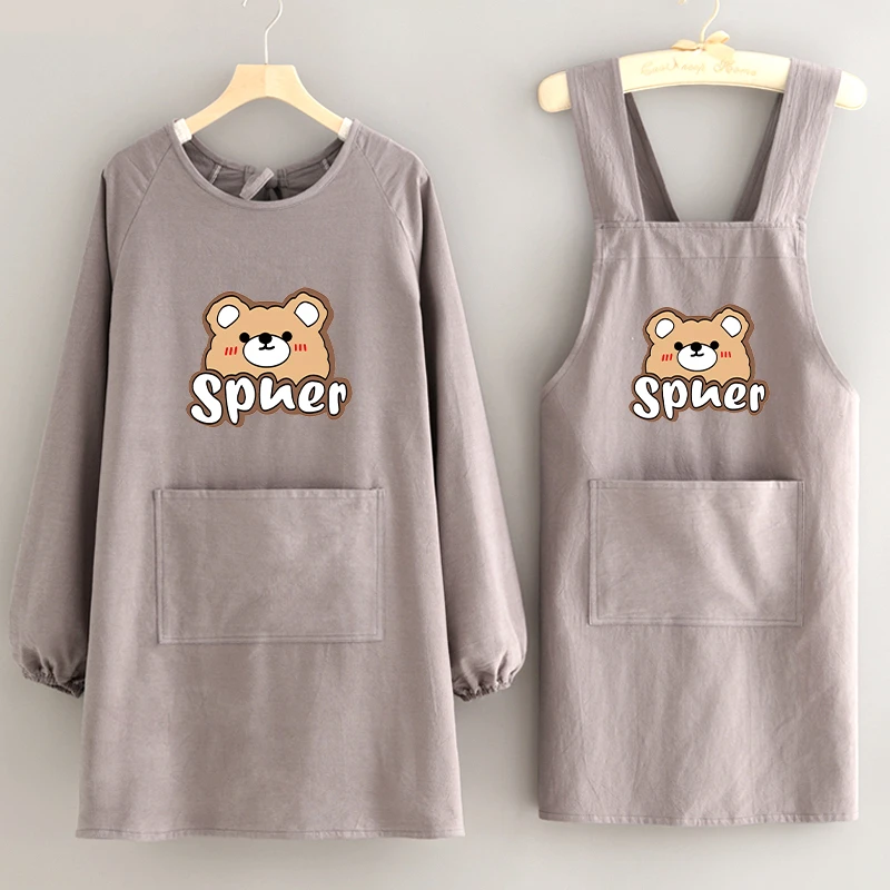 卡通长袖围裙厨房家用透气棉皱布罩衣定制防污做饭围腰餐饮工作服