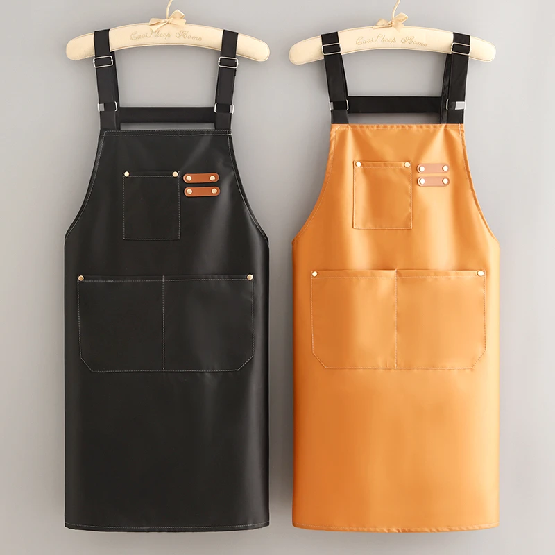 时尚PU围裙防水工作服男女定制logo印字厨房家用免洗餐饮专用围腰
