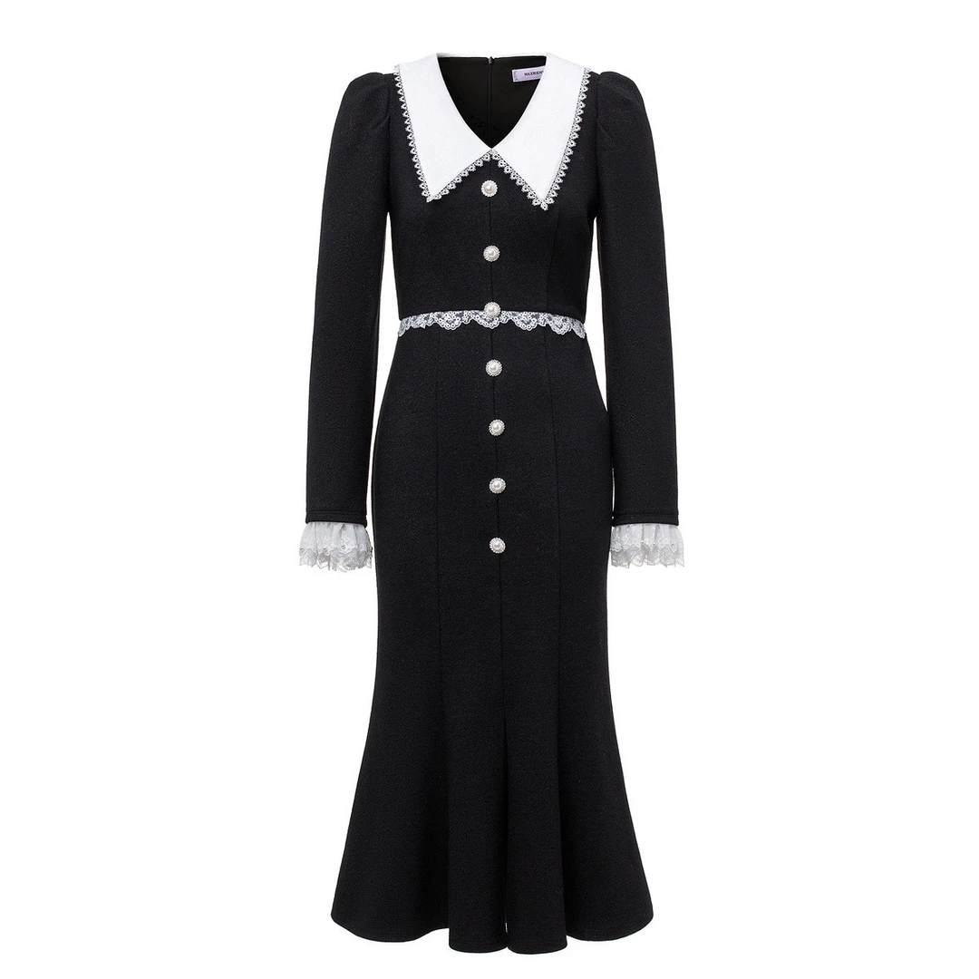 MAXRIENY法式浪漫复古翻领鱼尾连衣裙秋冬小黑裙修身裙子