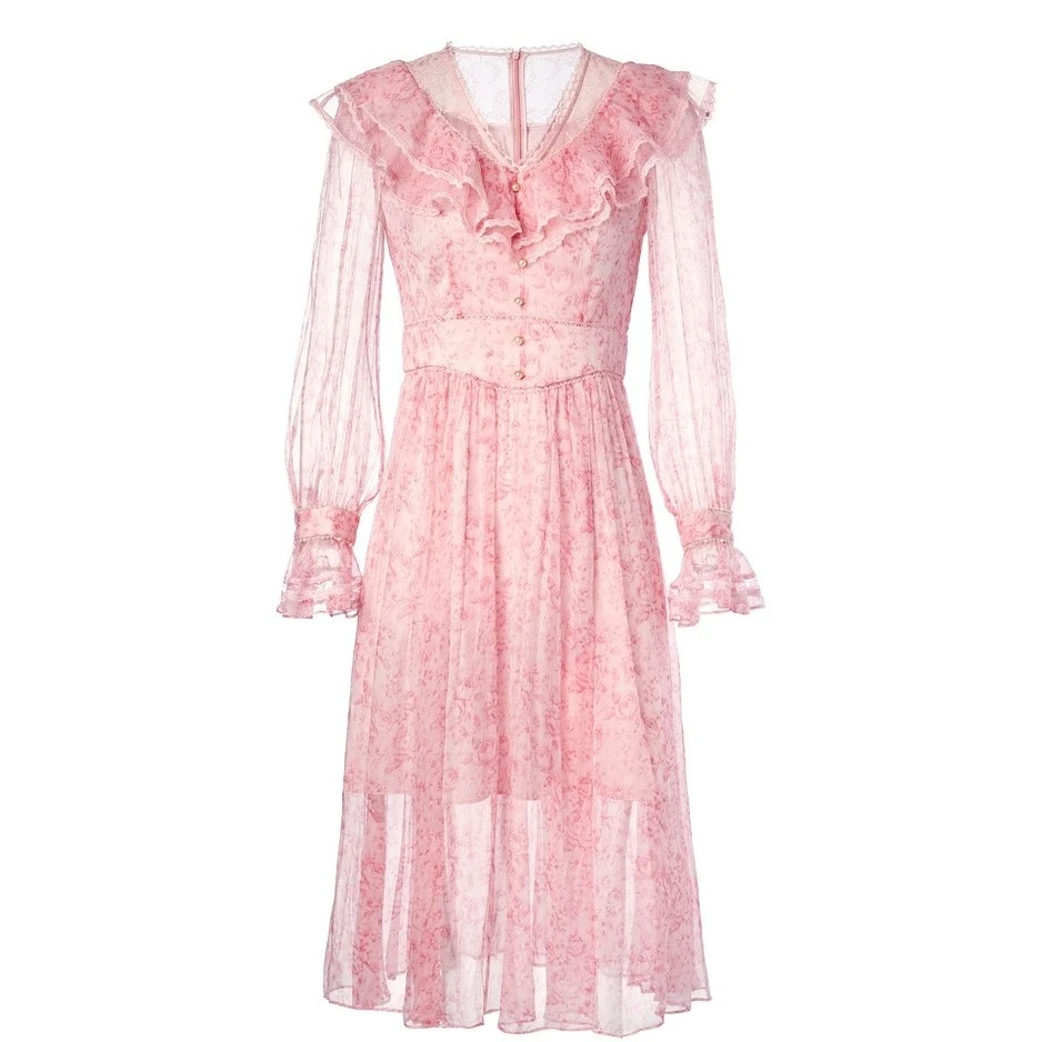 MAXRIENY【商场同款】真丝碎花长裙秋季V领设计感A字裙MC87DR58