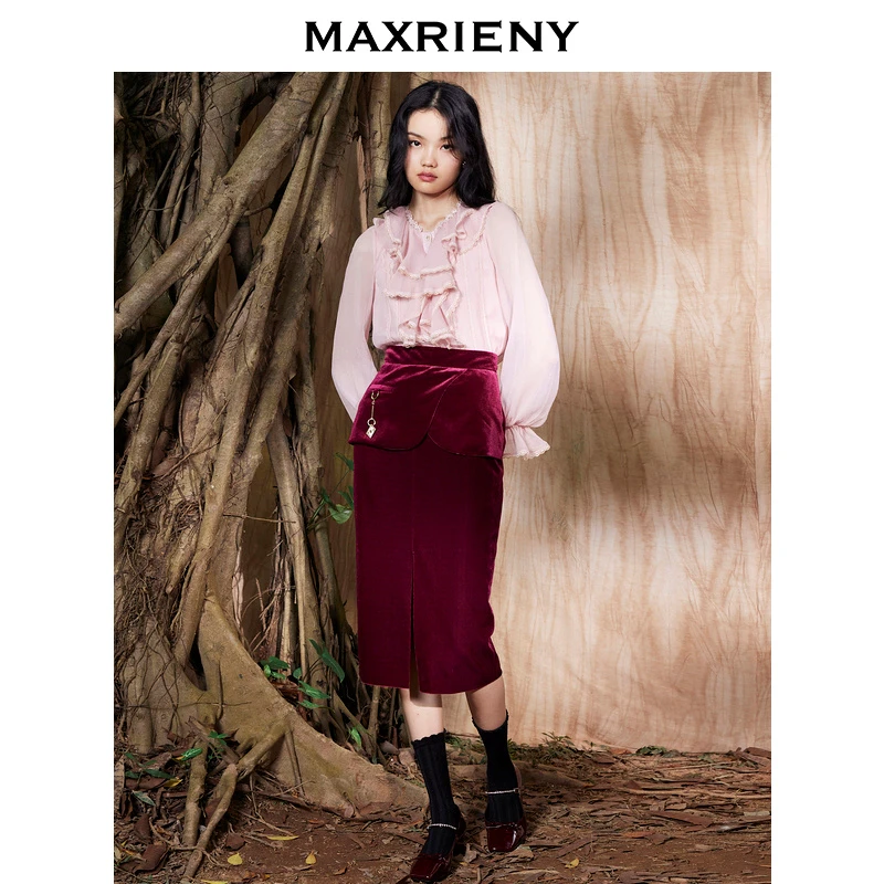 MAXRIENY玛克西妮2023秋冬灯芯绒高腰包臀裙法式复古丝绒半身裙