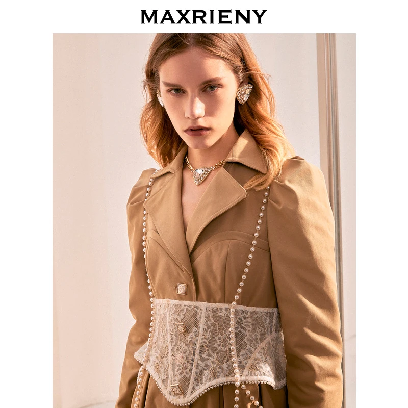 MAXRIENY丨蕾丝收腰风衣秋季新款女士长款大衣洋气外套女装翻领