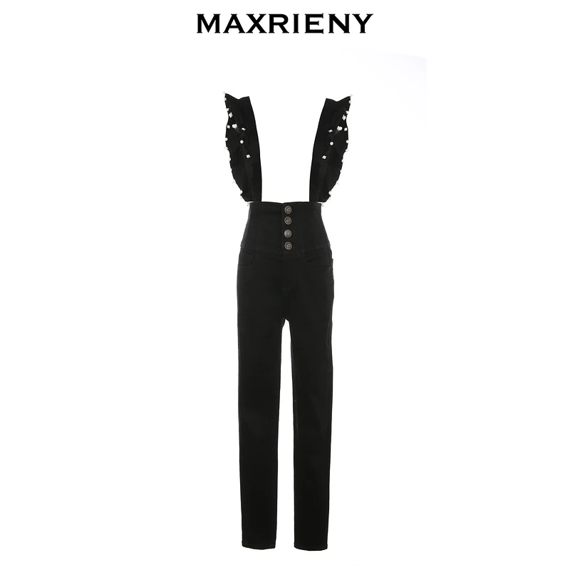 MAXRIENY丨可拆卸背带裤女冬季磨毛牛仔小脚裤牛仔裤女修身弹力